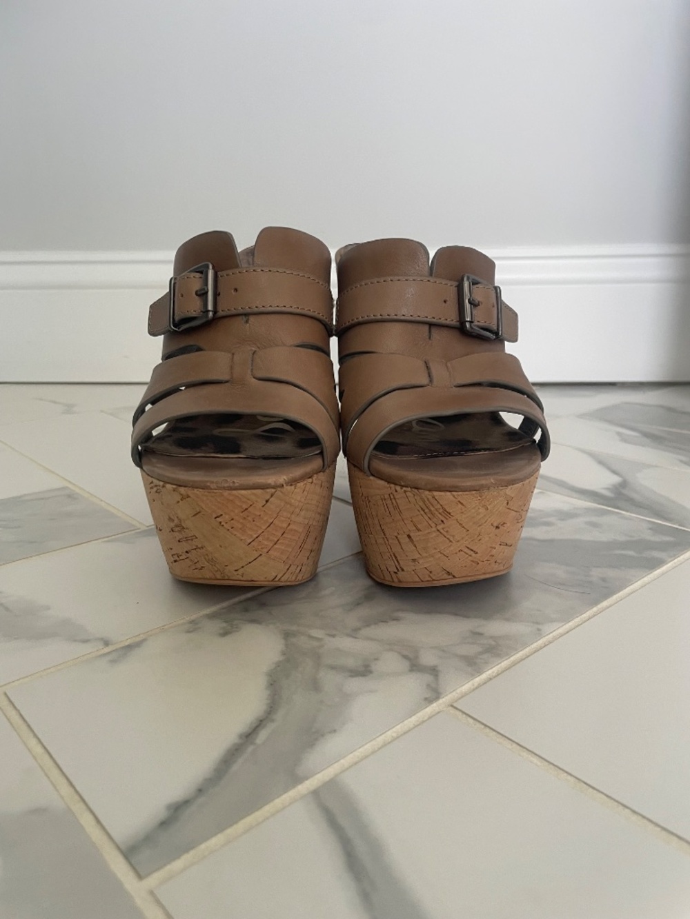 Sam Edelman Chase Cork Platform Sandals Taupe Leather High Heel Wedges - Picture 2 of 9
